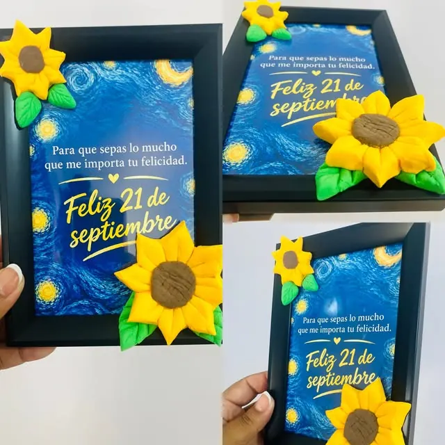 Cuadro con girasoles modelados a mano